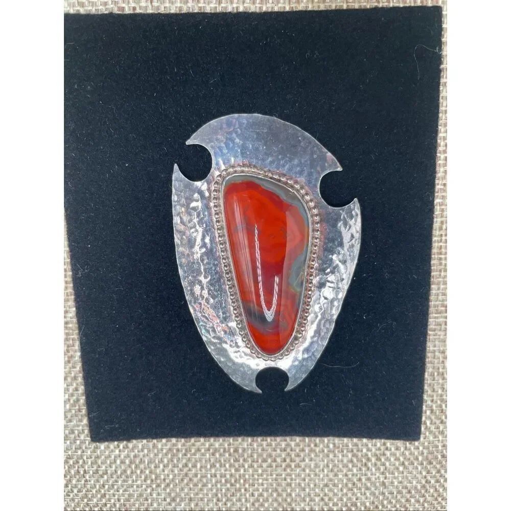 Handcrafted Sterling Silver ShieldβPendant w/ Red Agate β Signed 2010